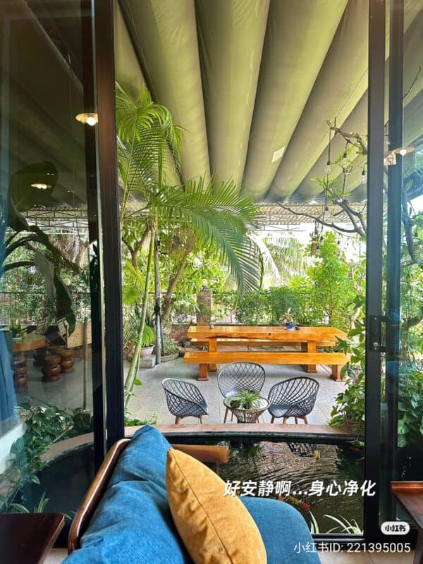 table beside the fish pond