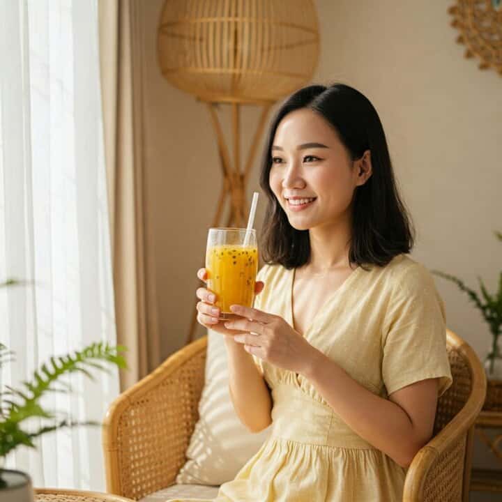 phụ nữ đang uống chanh dây